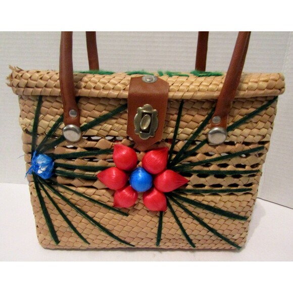 Vintage Mexican Woven Straw Purse Raffia Flowers Leather Straps Basket Box - Picture 3 of 10